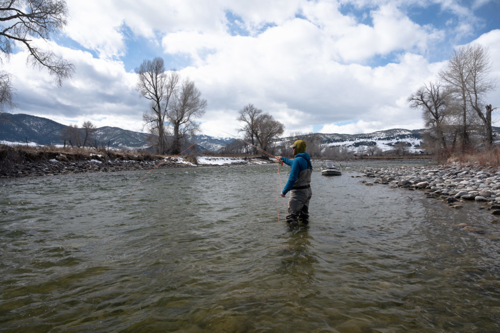 Angler fly fishing on the Gallatin River in Bozeman, MT
